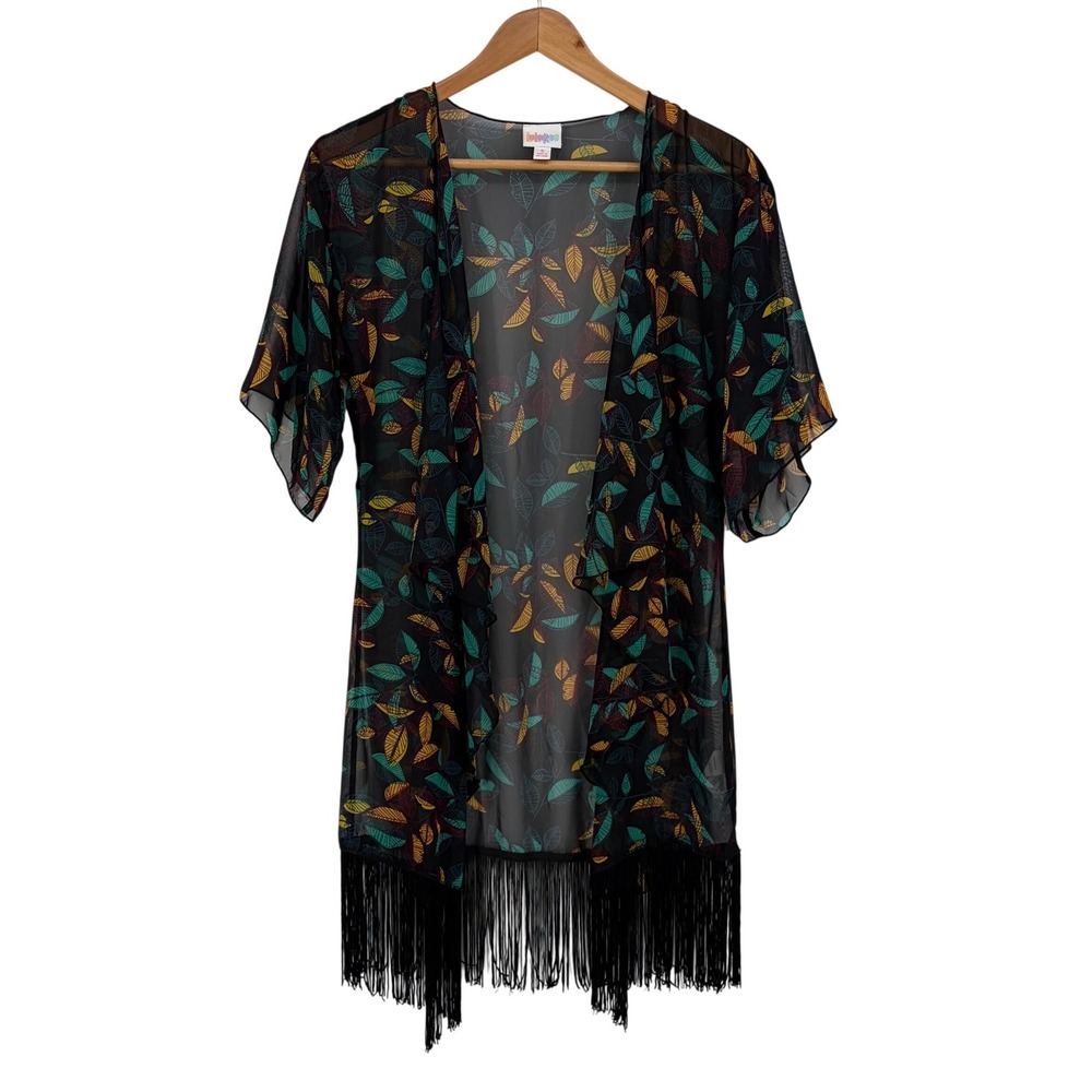 LuLaRoe Kimono Monroe Sheer Leaf Print Fringe Boho Small Ethereal Layering Gypsy